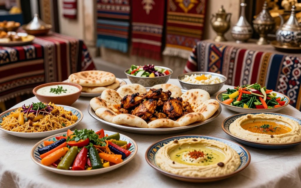 A beautifully arranged table featuring traditional Egyptian cuisine, showcasing colorful plates of koshari, ful medames, and molokhia. In the foreground, a vibrant dish of colorful vegetables garnished with herbs, alongside a bowl of creamy tahini sauce. In the middle, a communal platter filled with warm pita bread and spiced grilled chicken, surrounded by small bowls of fragrant salads and dips. The background features a charming Egyptian marketplace with textiles and pottery, creating an authentic atmosphere. Soft, warm lighting highlights the intricate details of the food, while a shallow depth of field keeps the focus on the delectable dishes. The overall mood is inviting and festive, encouraging exploration of Egypt’s rich culinary heritage.