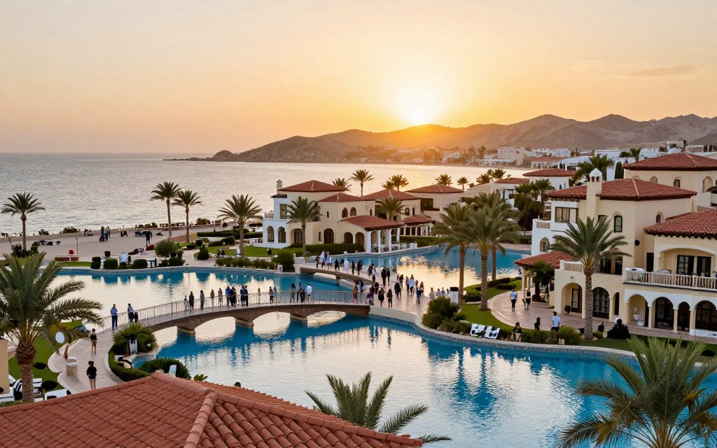 A breathtaking view of El Gouna, the luxurious "Egyptian Venice" resort, set against the backdrop of the vibrant Red Sea. In the foreground, stylish lagoons and ornate villas with terracotta roofs reflect the serene blue waters, lined with lush palm trees. The middle ground features elegantly designed walkways and charming bridges connecting the villas, bustling with visitors dressed in smart casual attire, enjoying the beautiful surroundings. In the background, the radiant sun sets behind gentle hills, casting a warm golden glow over the entire scene. The atmosphere is tranquil yet lively, encapsulating the essence of a chic tropical getaway, captured with a soft focus lens to enhance the dreamy ambiance.