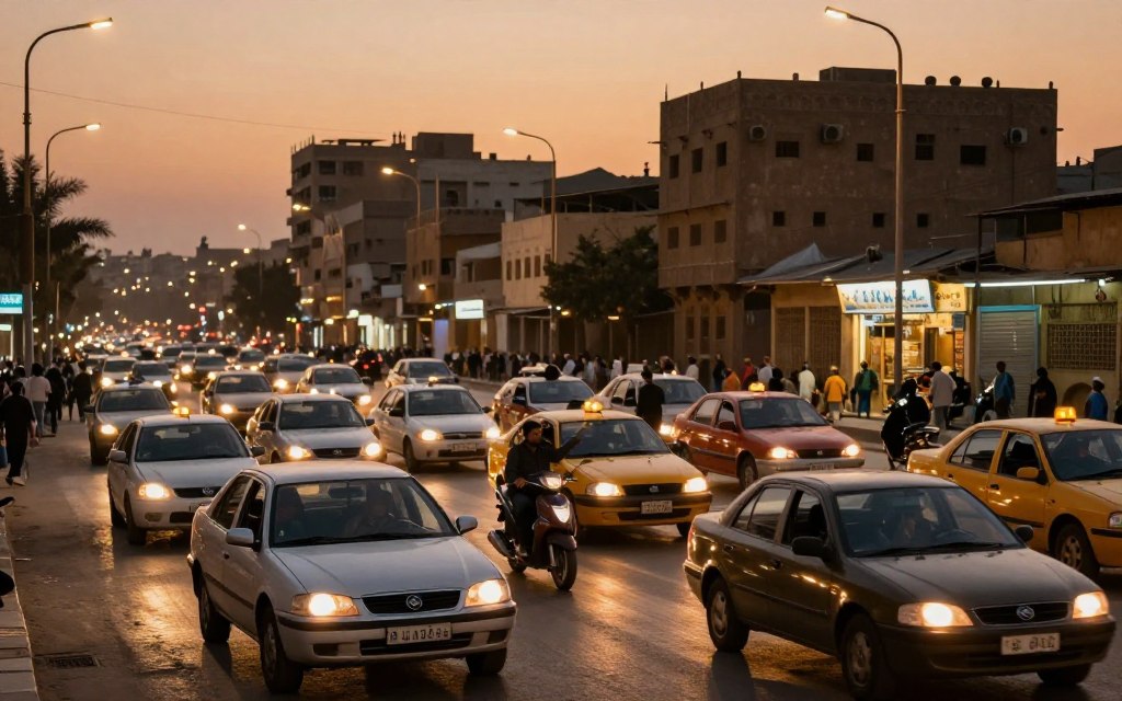 A bustling street scene in Egypt during the evening, showcasing the unique traffic dynamics. In the foreground, a diverse group of drivers in modern cars navigating through busy intersections without headlights, reflecting a blend of urgency and caution. The middle ground features a variety of vehicles, including taxis and scooters, weaving through the traffic, with drivers gesturing to each other, indicating reliance on non-verbal signals. The background captures the silhouettes of traditional Egyptian architecture, illuminated by the warm glow of street lamps, and a dusky orange sky, setting a vibrant yet chaotic mood. Shot from a slightly elevated angle to encapsulate the liveliness and complexity of urban life in Egypt, ensuring a clear focus on the traffic interactions without any text or distractions.