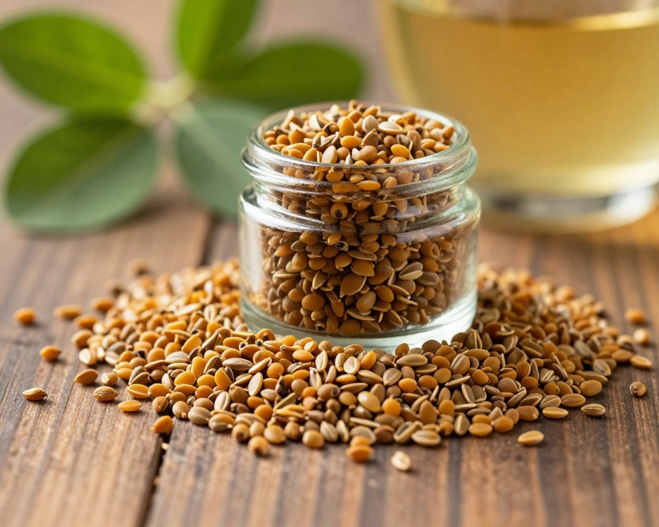 A close-up view of fenugreek seeds, showcasing their unique shape and texture, on a dark wooden background. The foreground features a scattering of golden-brown seeds, glistening with a slight sheen to highlight their natural oils. In the middle, display a small glass jar filled with fenugreek seeds, with a few seeds spilled beside it, emphasizing their earthy color and organic appeal. In the background, soft, blurred images of green fenugreek leaves and herbal tea are subtly visible, creating a harmonious and natural atmosphere. The lighting is warm and inviting, with soft shadows to enhance the textures, reminiscent of a sunlit kitchen. The overall mood should evoke health, wellness, and a connection to natural remedies.