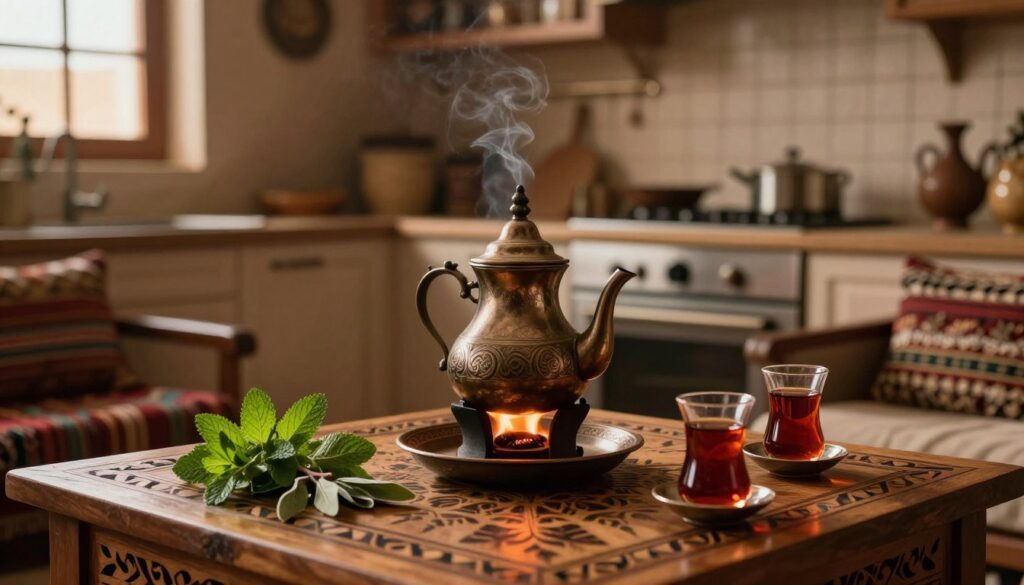 A cozy home setting showcasing the ritual of brewing Bedouin tea, with a rich, traditional teapot simmering over a small flame. In the foreground, a wooden table adorned with intricate patterns, featuring fresh herbs like mint and sage, alongside delicate tea glasses. The middle layer captures a softly focused, inviting kitchen space with warm, ambient lighting filtering through a nearby window, reflecting on the tea. The background features elements of desert culture, such as woven textiles and pottery, subtly hinting at the Bedouin heritage. The overall mood is tranquil and inviting, evoking the serene atmosphere of a traditional tea ceremony.