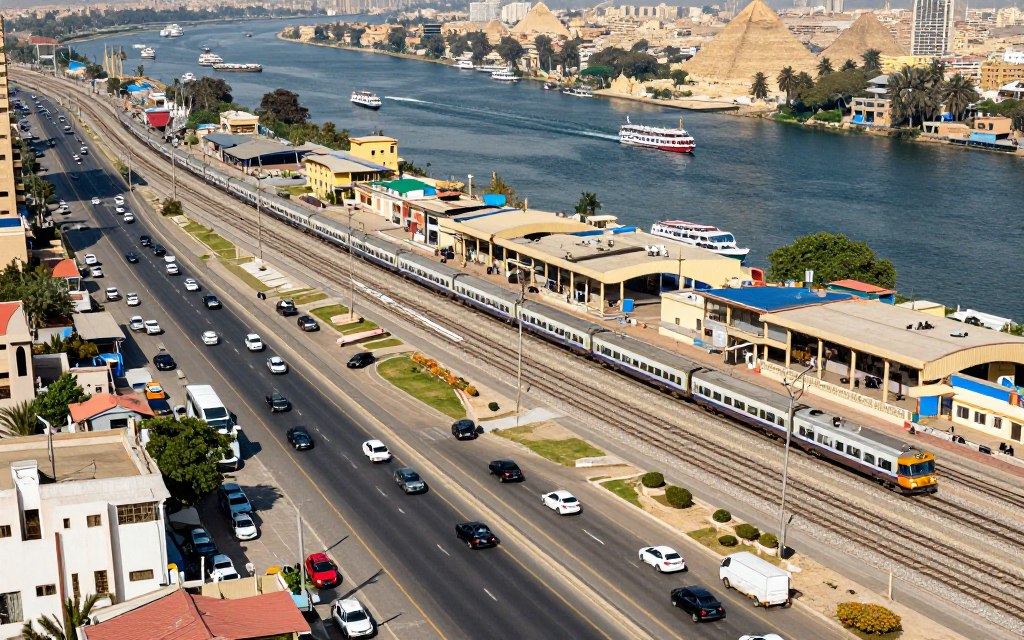A detailed aerial view of Egypt's transportation hubs, showcasing a bustling network of highways, railways, and waterways. In the foreground, include modern vehicles on a busy highway, emphasizing the flow of movement. The middle ground should display an intricate railway system with trains in operation, bringing focus to key stations. In the background, depict the iconic Nile River with boats navigating its waters, alongside historical landmarks like the Pyramids. Use a bright, clear day for lighting to create an inviting atmosphere, capturing the vibrancy of urban life. The image should convey a sense of connectivity and growth in Egypt's transportation infrastructure, with vibrant colors and a wide-angle perspective, accentuating the dynamic nature of the scene.