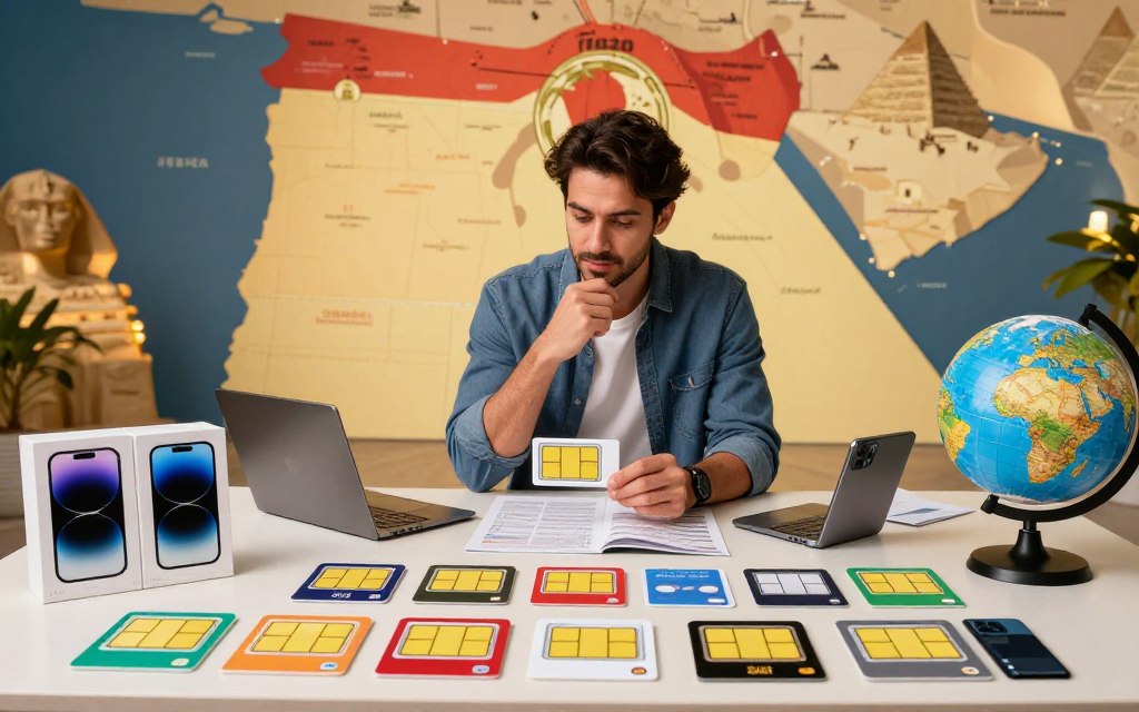 A detailed, visually engaging depiction of a modern SIM card guide for Egypt in 2026. In the foreground, a well-organized table showcasing various colorful SIM cards and mobile devices, along with a globe highlighting Egypt. In the middle, a professional-looking individual dressed in smart casual attire analyzes the options with a thoughtful expression, surrounded by tech gadgets and mobile internet brochures. In the background, a stylized map of Egypt, featuring iconic landmarks like the pyramids and the Nile, subtly illuminated by warm, ambient lighting. The atmosphere is informative and welcoming, evoking the excitement of traveling and connecting in a new country. The scene captures the essence of choosing the best SIM card for travelers, emphasizing clarity and professionalism. A detailed, visually engaging depiction of a modern SIM card guide for Egypt in 2026. In the foreground, a well-organized table showcasing various colorful SIM cards and mobile devices, along with a globe highlighting Egypt. In the middle, a professional-looking individual dressed in smart casual attire analyzes the options with a thoughtful expression, surrounded by tech gadgets and mobile internet brochures. In the background, a stylized map of Egypt, featuring iconic landmarks like the pyramids and the Nile, subtly illuminated by warm, ambient lighting. The atmosphere is informative and welcoming, evoking the excitement of traveling and connecting in a new country. The scene captures the essence of choosing the best SIM card for travelers, emphasizing clarity and professionalism.