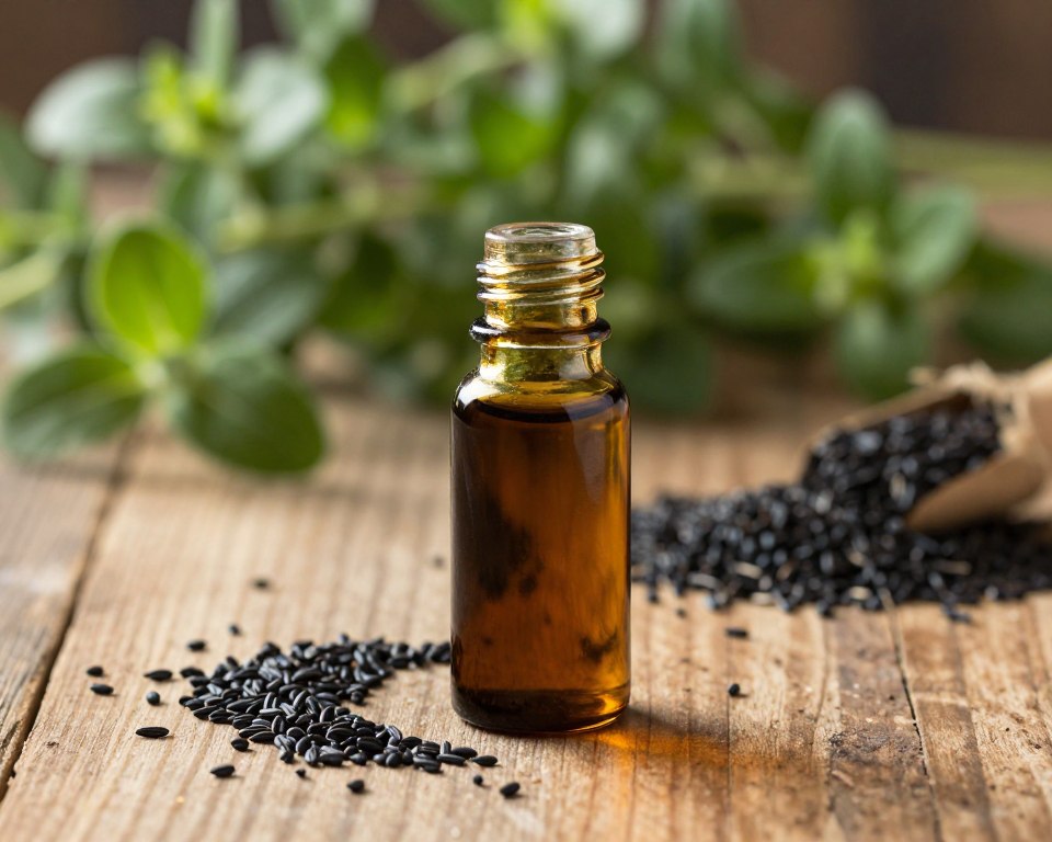A gently glowing bottle of black cumin seed oil gracefully placed on a rustic wooden table, surrounded by fresh black cumin seeds strewn artistically nearby. Soft, natural lighting illuminates the scene, creating warm golden highlights on the glass bottle, while a backdrop of lush green herbs and gentle bokeh suggests a natural, healing environment. The focus is sharp on the bottle, showcasing its rich, dark oil, with subtle reflections catching the light. The atmosphere conveys a sense of tranquility and wellness, reflecting the oil's reputation as a healing remedy. The composition is framed from a slightly elevated angle, inviting the viewer to appreciate the product and its natural origins. A gently glowing bottle of black cumin seed oil gracefully placed on a rustic wooden table, surrounded by fresh black cumin seeds strewn artistically nearby. Soft, natural lighting illuminates the scene, creating warm golden highlights on the glass bottle, while a backdrop of lush green herbs and gentle bokeh suggests a natural, healing environment. The focus is sharp on the bottle, showcasing its rich, dark oil, with subtle reflections catching the light. The atmosphere conveys a sense of tranquility and wellness, reflecting the oil's reputation as a healing remedy. The composition is framed from a slightly elevated angle, inviting the viewer to appreciate the product and its natural origins.