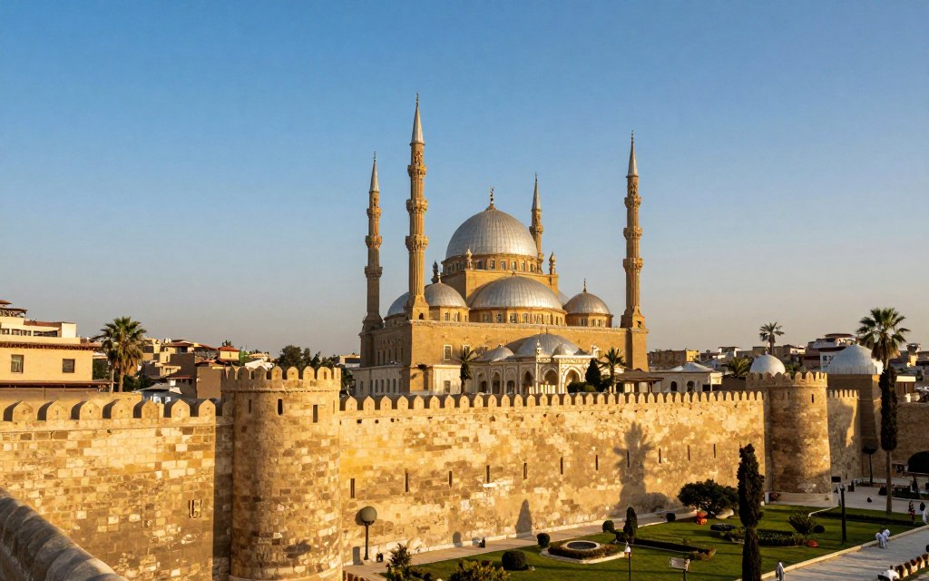 A majestic view of Cairo's Citadel, capturing its imposing stone walls and impressive towers in the foreground, bathed in warm, golden sunlight that highlights the intricate details of the architecture. The Middle ground features the stunning Mosque of Muhammad Ali, with its grand domes and minarets standing tall against a clear blue sky, surrounded by lush gardens. In the background, the sprawling city of Cairo hints at the urban landscape, with houses and rooftops fading into the horizon. The scene is framed to create a sense of depth, using a low-angle perspective to emphasize the scale of the fortress. The atmosphere reflects a blend of historical grandeur and serene beauty, evoking a sense of timelessness and cultural significance. A majestic view of Cairo's Citadel, capturing its imposing stone walls and impressive towers in the foreground, bathed in warm, golden sunlight that highlights the intricate details of the architecture. The Middle ground features the stunning Mosque of Muhammad Ali, with its grand domes and minarets standing tall against a clear blue sky, surrounded by lush gardens. In the background, the sprawling city of Cairo hints at the urban landscape, with houses and rooftops fading into the horizon. The scene is framed to create a sense of depth, using a low-angle perspective to emphasize the scale of the fortress. The atmosphere reflects a blend of historical grandeur and serene beauty, evoking a sense of timelessness and cultural significance.