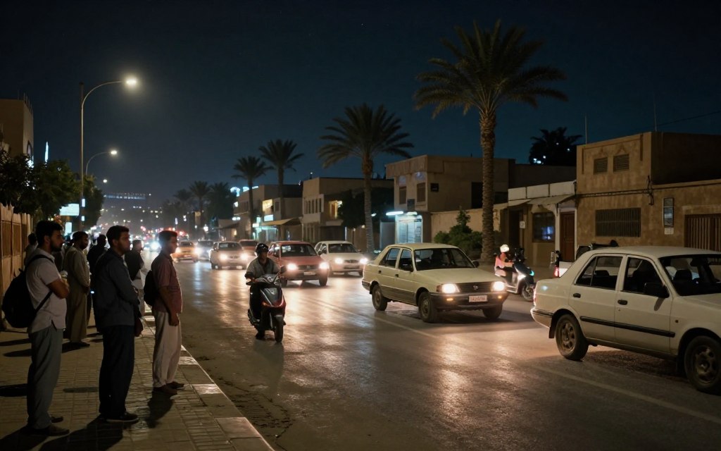 A nighttime street scene in Egypt, showcasing a busy road with vehicles driving without headlights, symbolizing the unique behavior of Egyptian drivers. In the foreground, a few pedestrians in modest casual clothing are waiting at the curb, looking at the traffic with a mix of concern and curiosity. The middle ground displays various vehicles, including cars and scooters, navigating the road, some with faint lights reflecting off the pavement. The background reveals palm trees and traditional Egyptian architecture under a starry sky. The lighting is low and atmospheric, enhancing the mood of intrigue and caution. Capture this scene with a wide-angle lens, emphasizing the depth of the street, and aim for a dynamic angle that highlights the contrast of light and darkness.