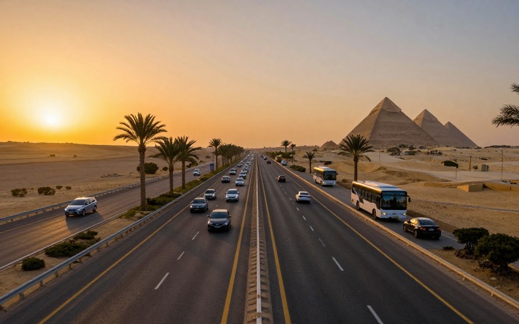 A panoramic view of Egyptian highways and intercity roads during the golden hour, capturing the essence of transportation infrastructure. In the foreground, a well-maintained dual carriageway with clear lane markings disappears into the horizon, flanked by palm trees and desert landscapes. The middle ground shows modern vehicles traveling smoothly, including a mix of cars and buses, showcasing the intercity travel options. In the background, distant pyramids and ancient landmarks rise against a vibrant sunset sky, casting long shadows. The atmosphere is warm and inviting, emphasizing connectivity and the blending of modernity with history. The image is framed with a slight upward angle, creating a sense of depth and perspective, ideal for illustrating the evolving road network in Egypt.