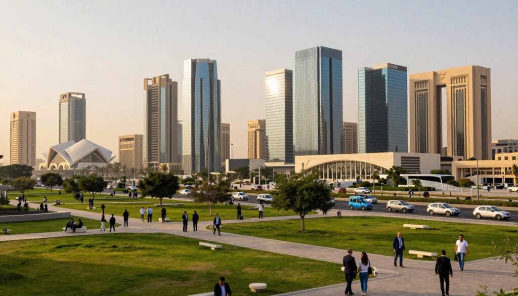 A panoramic view of the New Administrative Capital of Egypt, showcasing its modern skyline and innovative architecture. In the foreground, a vibrant urban park with green spaces and people in professional business attire or casual clothing enjoying the environment. The middle ground features sleek, futuristic buildings with glass facades, reflecting sunlight, and bustling streets with electric vehicles. In the background, iconic landmarks like the Grand Mosque or government buildings add cultural context. The scene is illuminated by warm, golden hour lighting, creating a dynamic atmosphere of growth and urban development. The angle captures the expansive layout of the city, emphasizing the harmony between nature and modernity.
