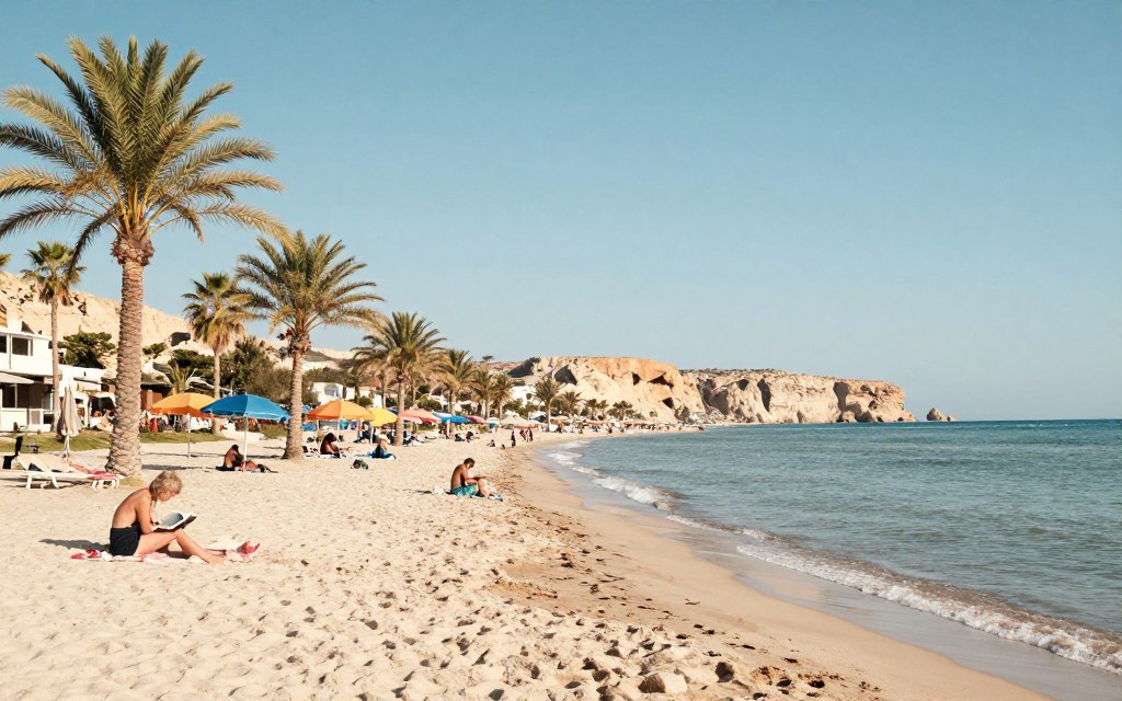 A picturesque view of Marsa Matruh showcasing its unique climate, emphasizing a bright, sunny day with a clear blue sky. In the foreground, soft white sandy beaches stretch along the coastline, with gentle waves lapping at the shore. Light green palm trees sway subtly in the warm breeze. In the middle ground, colorful beach umbrellas dot the landscape, while a few people in modest casual clothing enjoy the sun, reading books or relaxing on beach towels. The background features distant rocky cliffs, bathed in golden sunlight. The overall atmosphere is inviting and tranquil, reflecting the ideal weather for a vacation, with soft, diffused lighting capturing the warmth of the day. Shot with a wide-angle lens to encompass the beauty of the beach and sky.