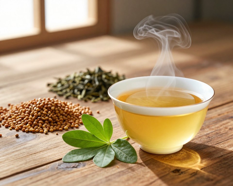 A serene and inviting scene depicting a cup of yellow tea made from fenugreek (желтый чай хельба) placed on a rustic wooden table. In the foreground, a delicate porcelain tea cup filled with steaming yellow tea, adorned with a vibrant green sprig of fresh fenugreek leaves resting beside it. In the middle ground, an array of whole fenugreek seeds and loose tea leaves, showcasing their texture and color, highlighting the natural ingredients. The background features soft sunlight filtering through a window, casting gentle shadows and creating a warm, calming atmosphere. The composition is shot from a slight angle, with a shallow depth of field to draw focus on the tea and ingredients, evoking a sense of health and wellness.