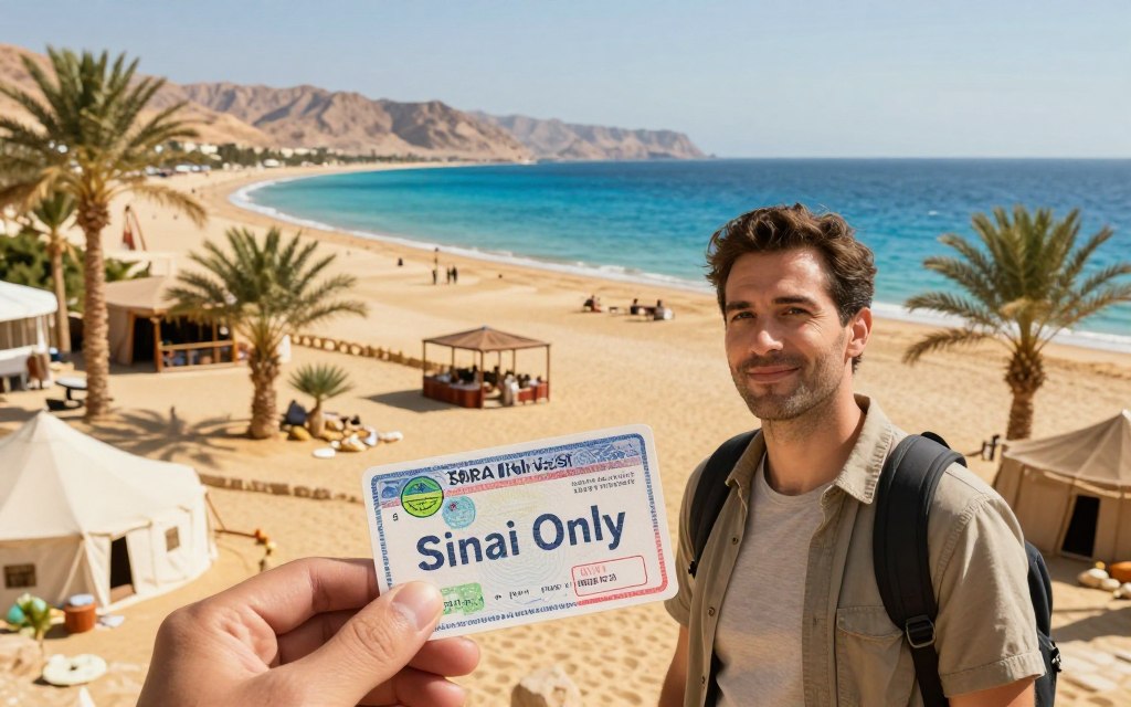 A serene and inviting scene of the Sinai Peninsula, showcasing a picturesque landscape with golden sandy beaches and the stunning blue waters of the Red Sea in the background. In the foreground, depict a professional traveler holding a "Sinai Only" visa stamp, with a look of satisfaction. Surround them with lush palm trees and traditional Bedouin tents, adding cultural depth to the setting. The lighting should be warm and bright, capturing the essence of a sunny day in Egypt, emphasizing the vibrant colors of nature. Use a slightly elevated angle to convey a sense of exploration. The mood should reflect excitement and tranquility, inviting readers to experience the beauty of this unique destination. A serene and inviting scene of the Sinai Peninsula, showcasing a picturesque landscape with golden sandy beaches and the stunning blue waters of the Red Sea in the background. In the foreground, depict a professional traveler holding a "Sinai Only" visa stamp, with a look of satisfaction. Surround them with lush palm trees and traditional Bedouin tents, adding cultural depth to the setting. The lighting should be warm and bright, capturing the essence of a sunny day in Egypt, emphasizing the vibrant colors of nature. Use a slightly elevated angle to convey a sense of exploration. The mood should reflect excitement and tranquility, inviting readers to experience the beauty of this unique destination.