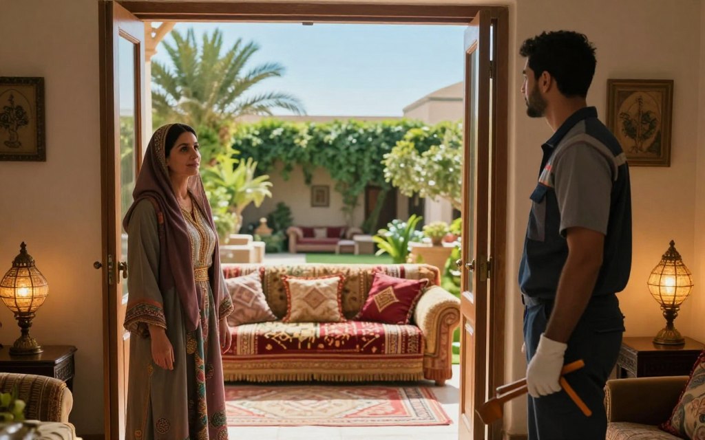 A serene interior scene of an Egyptian home, showcasing a living room with an open door leading to a sunlit exterior. In the foreground, a woman dressed in modest, colorful traditional attire, with a considerate expression, stands near the open door, welcoming a maintenance worker. The worker, in professional attire, is seen from the side, holding tools and ready to assist. In the middle ground, a plush couch and rich textiles reflect Egyptian culture, with decorative lamps casting warm light. The background features a glimpse of a vibrant courtyard filled with lush greenery and a clear blue sky. The overall mood is welcoming and inviting, emphasizing hospitality in Egyptian culture, with soft, natural lighting creating a harmonious atmosphere.