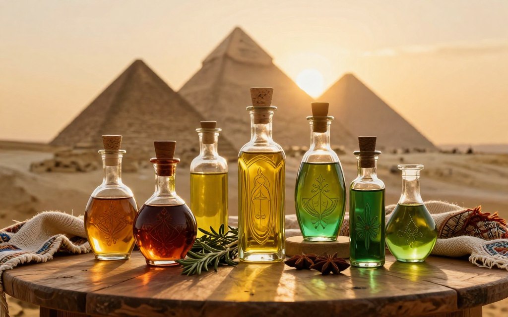 A serene scene featuring an elegant display of natural Egyptian oils, beautifully arranged on a wooden table. In the foreground, showcase intricately designed glass bottles filled with vibrant oils, such as deep amber and green hues, each capturing the light. The middle area should include fresh herbs and spices, symbolizing the ingredients used in the oils, surrounded by soft, woven textiles to evoke a sense of authenticity. In the background, create a subtle hint of an Egyptian landscape, perhaps the silhouette of pyramids against a warm sunset, bathing the whole scene in golden light. The atmosphere should feel inviting and warm, inspiring a sense of exploration into the quality and richness of these natural products.