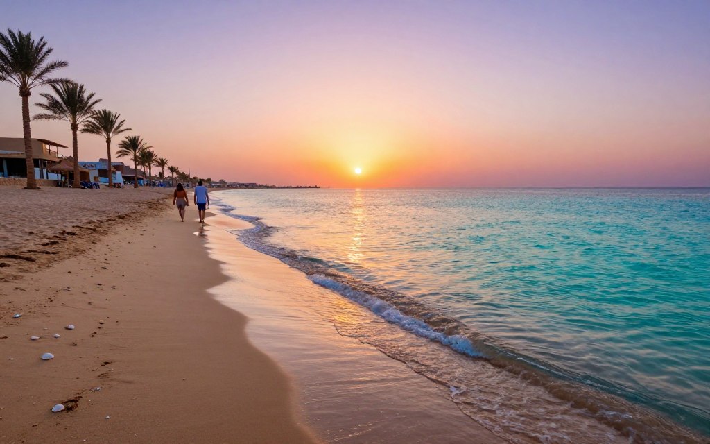 A serene view of beaches in Hurghada and Sharm El Sheikh at sunset, showcasing golden sands gently meeting crystal-clear turquoise waters. In the foreground, detail the soft, rippling waves lapping at the shore, with a few seashells scattered on the sand. The middle ground features a couple strolling along the beach, dressed in modest casual clothing, enjoying the tranquil atmosphere. In the background, the sun is dipping below the horizon, casting warm hues of orange, pink, and purple across the sky, reflecting on the water's surface. Palm trees sway gently in the breeze, framing the scene. Capture the soft glow of the evening light, creating a peaceful and inviting mood. Use a wide-angle lens to encompass the expansive beauty of this iconic location. A serene view of beaches in Hurghada and Sharm El Sheikh at sunset, showcasing golden sands gently meeting crystal-clear turquoise waters. In the foreground, detail the soft, rippling waves lapping at the shore, with a few seashells scattered on the sand. The middle ground features a couple strolling along the beach, dressed in modest casual clothing, enjoying the tranquil atmosphere. In the background, the sun is dipping below the horizon, casting warm hues of orange, pink, and purple across the sky, reflecting on the water's surface. Palm trees sway gently in the breeze, framing the scene. Capture the soft glow of the evening light, creating a peaceful and inviting mood. Use a wide-angle lens to encompass the expansive beauty of this iconic location.