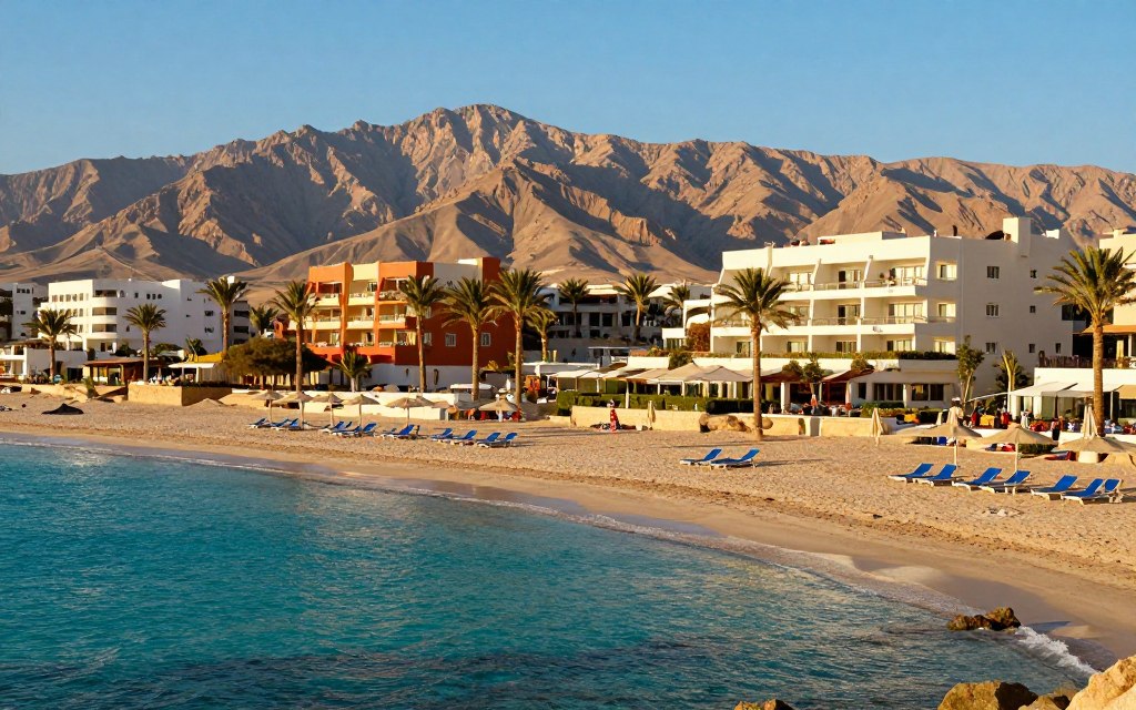A stunning overview of the Red Sea resorts, focusing on the contrasting landscapes of Hurghada and Sharm El Sheikh. In the foreground, showcase crystal-clear turquoise waters gently lapping against sunlit sandy beaches, dotted with modest beach umbrellas and sun loungers. In the middle ground, illustrate vibrant resort architecture with palm trees swaying in the breeze, highlighting hotel balconies with guests enjoying the serene views. The background features the majestic purpose of the Red Sea mountains under a bright blue sky, casting soft shadows on the coastline. The lighting should be warm and inviting, mimicking a golden hour glow. Capture a tranquil and relaxing atmosphere, emphasizing the allure of these popular travel destinations with no human figures present, ensuring a focus on the landscape and architecture alone. A stunning overview of the Red Sea resorts, focusing on the contrasting landscapes of Hurghada and Sharm El Sheikh. In the foreground, showcase crystal-clear turquoise waters gently lapping against sunlit sandy beaches, dotted with modest beach umbrellas and sun loungers. In the middle ground, illustrate vibrant resort architecture with palm trees swaying in the breeze, highlighting hotel balconies with guests enjoying the serene views. The background features the majestic purpose of the Red Sea mountains under a bright blue sky, casting soft shadows on the coastline. The lighting should be warm and inviting, mimicking a golden hour glow. Capture a tranquil and relaxing atmosphere, emphasizing the allure of these popular travel destinations with no human figures present, ensuring a focus on the landscape and architecture alone.
