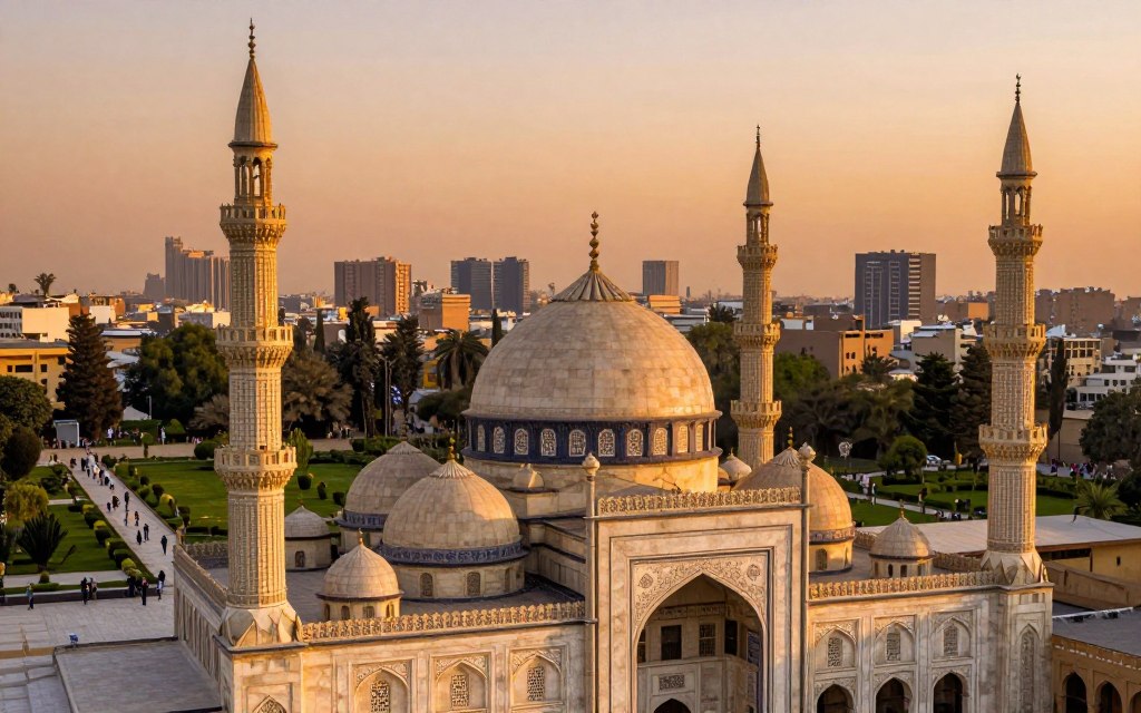A stunning view of the Muhammad Ali Mosque, also known as the Alabaster Mosque, set within the Cairo Citadel. In the foreground, intricate detailing of the mosque’s façade reveals its majestic domes and minarets, adorned with ornate patterns and carvings. The middle layer features the lush surrounding gardens and pathways filled with visitors admiring the architecture. In the background, the iconic skyline of Cairo is visible, blending modern buildings with historical sites under a vibrant sunset sky. Natural golden lighting enhances the warm tones of the mosque's alabaster structure, creating a serene and awe-inspiring atmosphere. Capture the grandeur of this architectural masterpiece from a slightly elevated angle to showcase its impressive scale and cultural significance. No text or watermarks included. A stunning view of the Muhammad Ali Mosque, also known as the Alabaster Mosque, set within the Cairo Citadel. In the foreground, intricate detailing of the mosque’s façade reveals its majestic domes and minarets, adorned with ornate patterns and carvings. The middle layer features the lush surrounding gardens and pathways filled with visitors admiring the architecture. In the background, the iconic skyline of Cairo is visible, blending modern buildings with historical sites under a vibrant sunset sky. Natural golden lighting enhances the warm tones of the mosque's alabaster structure, creating a serene and awe-inspiring atmosphere. Capture the grandeur of this architectural masterpiece from a slightly elevated angle to showcase its impressive scale and cultural significance. No text or watermarks included.