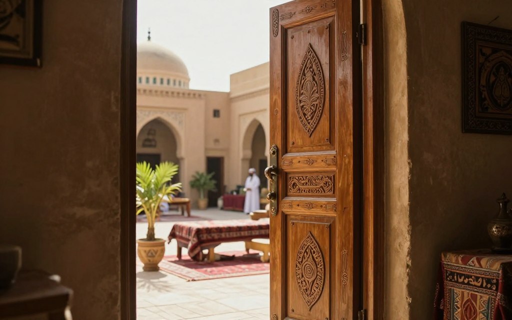 A vibrant depiction of traditional Egyptian culture, focusing on an open door within a beautifully adorned courtyard. In the foreground, showcase an intricately designed wooden door, featuring ancient carvings and patterns typical of Egyptian architecture. The doorway should be slightly ajar, inviting light into the scene. In the middle ground, include elements of everyday life in Egypt, such as decorative plants or a rug, symbolizing hospitality. In the background, capture hints of a historic building with distinctive domes and arches. The sunlight should cast warm, golden tones across the courtyard, creating a welcoming and serene atmosphere. Use a soft focus effect to enhance the mood, conveying a sense of openness and warmth in Egyptian etiquette.