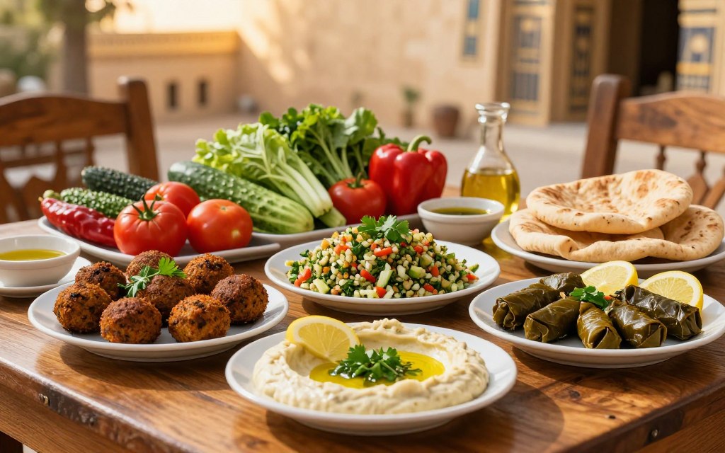A vibrant display of vegetarian cuisine typical of Egypt, featuring a colorful spread on a traditional wooden table. In the foreground, platefuls of falafel, tabbouleh, baba ganoush, and stuffed grape leaves, garnished with fresh herbs and lemon slices. The middle ground showcases a rich array of fresh vegetables like cucumbers, tomatoes, and peppers, interspersed with warm pita bread and olive oil for dipping. In the background, subtle hints of ancient Egyptian architecture appear, bathed in warm, golden sunlight that adds a serene atmosphere. The scene captures a cozy outdoor dining setting, evoking a sense of culture, tradition, and the rich flavors of Egyptian vegetarian and vegan dishes, with a focus on freshness and warmth.