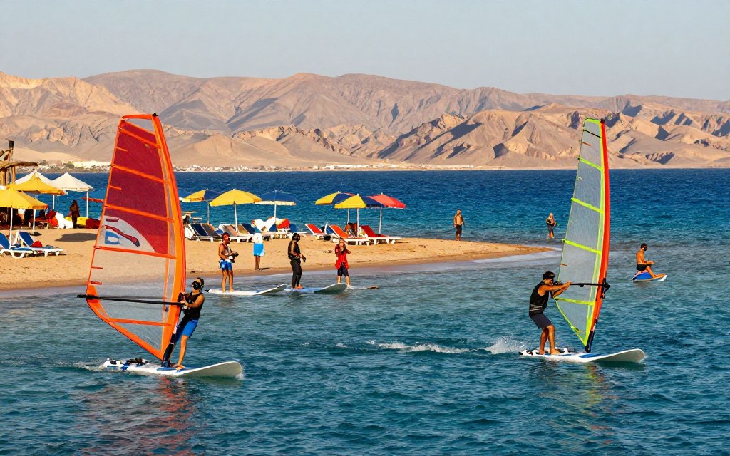 A vibrant scene capturing the essence of Dahab, Egypt, showcasing an active yet relaxed atmosphere by the Red Sea. In the foreground, a diverse group of individuals in modest casual clothing enjoys water sports like snorkeling and windsurfing, showcasing excitement and energy. The middle ground features colorful beach umbrellas and lounge chairs on a sandy shore, inviting relaxation amidst the action. The background displays the stunning, clear blue water of the Red Sea, framed by rugged mountains under a bright, sunny sky. The lighting is warm and inviting, enhancing the vivid colors of the landscape. Capture the mood of adventure and tranquility, blending the beauty of nature with a spirited social environment.