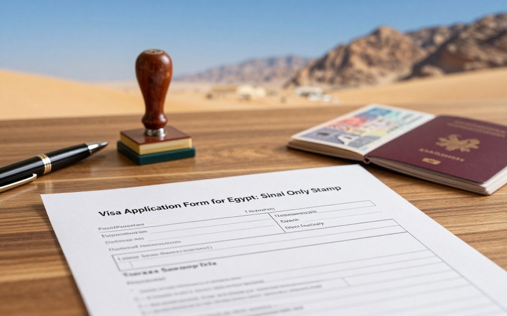 A well-organized visual representation of a "Visa Application Form for Egypt: Sinai Only Stamp". In the foreground, a partially completed visa application form is prominently displayed, with clear sections for personal information and travel details, placed on a wooden desk. The middle layer showcases an elegant pen and an official stamp for authenticity, along with a passport opened to a page with a visa section. The background features a softly focused Egyptian landscape, highlighting the serene Sinai desert, with golden sands under a bright blue sky. The mood is professional and informative, illuminated with soft, warm lighting that enhances the document's details without harsh shadows. The composition should reflect a sense of preparation for a journey, inviting and engaging to the viewer. A well-organized visual representation of a "Visa Application Form for Egypt: Sinai Only Stamp". In the foreground, a partially completed visa application form is prominently displayed, with clear sections for personal information and travel details, placed on a wooden desk. The middle layer showcases an elegant pen and an official stamp for authenticity, along with a passport opened to a page with a visa section. The background features a softly focused Egyptian landscape, highlighting the serene Sinai desert, with golden sands under a bright blue sky. The mood is professional and informative, illuminated with soft, warm lighting that enhances the document's details without harsh shadows. The composition should reflect a sense of preparation for a journey, inviting and engaging to the viewer.