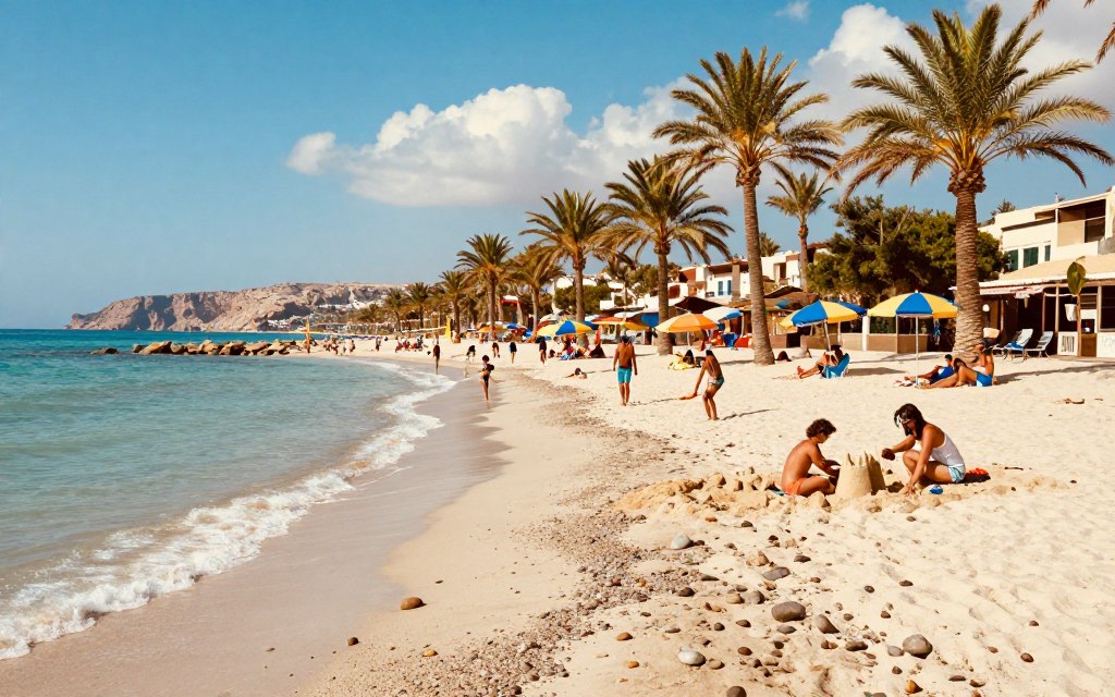 Lush, inviting beaches of Marsa Matrouh on the Mediterranean coast. In the foreground, pristine soft white sand mingling with gentle azure waves lapping the shore, speckled with smooth pebbles. A vibrant beach scene featuring families and friends in modest casual clothing enjoying various activities: building sandcastles, playing beach volleyball, and relaxing under colorful umbrellas. In the middle ground, tall palm trees sway gently in a warm, golden sunlight, casting playful shadows on the sand. The distant background showcases a clear blue sky with a few fluffy white clouds and rugged cliffs framing the coastline. The mood is joyful and serene, capturing the essence of a perfect seaside getaway. The image is shot from a slightly elevated angle to encompass the breadth of the beach scene.