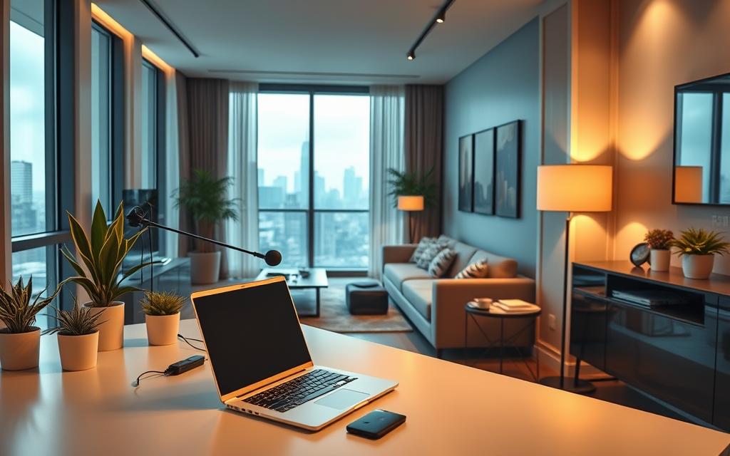 A modern apartment interior featuring a sleek workspace setup powered by fiber-optic internet. In the foreground, a stylish desk with a laptop, surrounded by contemporary office equipment and potted plants. The middle ground includes a cozy lounge area with a sofa, brightened by natural light streaming through large windows, showcasing a view of the city skyline outside. The background displays elegant wall decor and a subtle color palette, creating a professional yet inviting atmosphere. Soft, warm lighting enhances the ambiance, suggesting productivity and comfort. The scene captures the essence of remote work adaptability in a popular destination, emphasizing the importance of reliable internet connectivity.